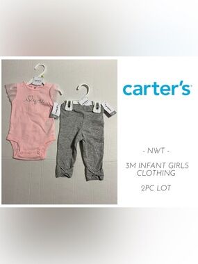 🆕CARTER’S - 3M - NWT - INFANT GIRLS 2PC PINK GREY LOVE ONESIE AND LEGGINGS LOT